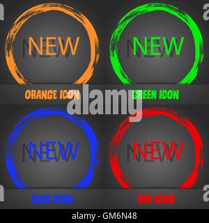Nouvelle icône signe. arrivée symbole de bouton. Style moderne à la mode. Dans l'orange, vert, bleu, rouge design. Vector Illustration de Vecteur