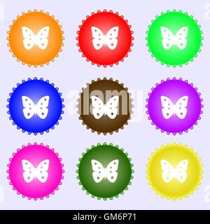Inscrivez-papillon insecte. icône Symbole. Une série de 9 étiquettes de couleurs différentes. Vector Illustration de Vecteur
