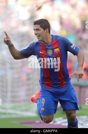 08/20/2016. Camp Nou, Barcelona, Espagne. Luis Suarez objectif lorsque l'espagnol liga match FC Barcelone - betis Séville Banque D'Images