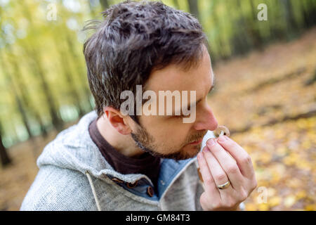 Homme Hipster en forêt cueillir des champignons, la sentant Banque D'Images