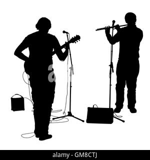 Silhouettes musiciens joue de la guitare et de la flûte. Banque D'Images