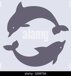 Silhouette de deux dauphins sautant. Pour la conception de logo, illustration, t shirt, sac, tatouage, ads etc. Illustration de Vecteur