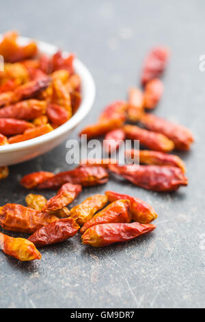 Mini séchées piments sur table de cuisine. Banque D'Images