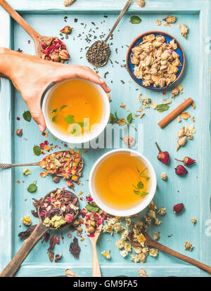 Deux tasses de thé à base de plantes en bonne santé avec la menthe, cannelle, rose, fleurs de camomille séchées dans des cuillères et man's hand holding spoon Banque D'Images