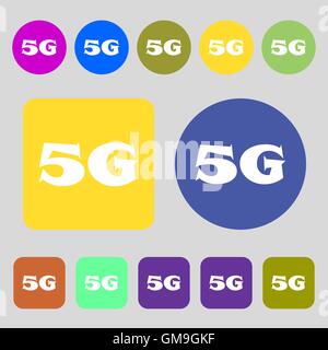 L'icône de connexion 5G. Symbole de la technologie de télécommunications mobiles. 12 boutons de couleur. Modèle plat. Vector Illustration de Vecteur