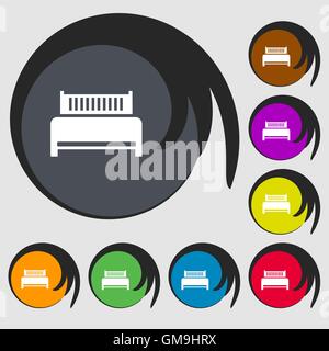 L'icône de l'hôtel, bed signe. Symboles sur huit boutons de couleur. Vector Illustration de Vecteur