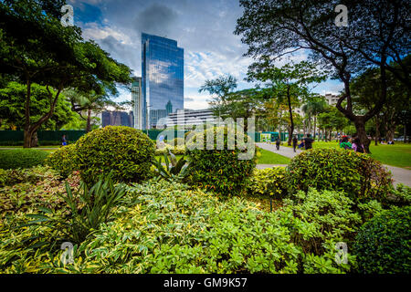 Jardins et des gratte-ciel vu à Ayala Triangle Park, à Makati, Metro Manila. Banque D'Images