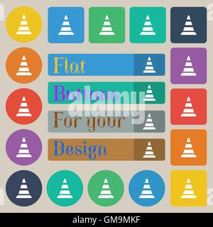 Cône routier icône. Ensemble de vingt plats, ronds de couleur, boutons carrés et rectangulaires. Vector Illustration de Vecteur