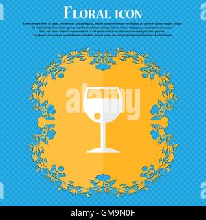 Verre de vin. Design plat floral sur un fond abstrait bleu avec place pour votre texte. Vector Illustration de Vecteur