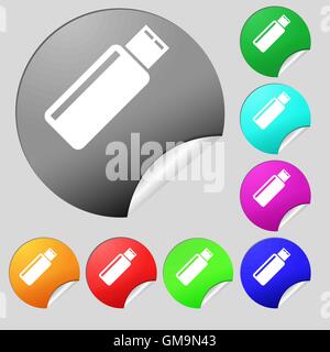 L'icône de connexion USB flash Drive. stick symbole. Ensemble de huit boutons ronds multicolores, autocollants. Vector Illustration de Vecteur