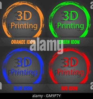 Signe d'impression 3D'icône. Impression 3d-symbole. Style moderne à la mode. Dans l'orange, vert, bleu, rouge design. Vector Illustration de Vecteur