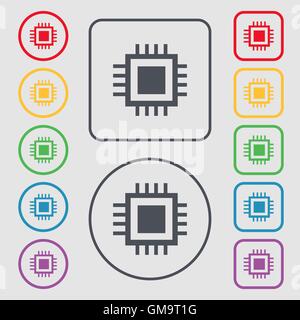 Icône de l'unité centrale de traitement. Schéma de la technologie symbole du cercle. Symboles sur les boutons ronds et carrés avec le bâti. Vector Illustration de Vecteur