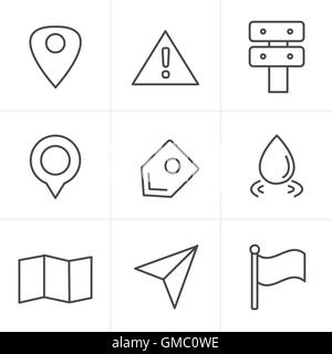 Icônes de Style de ligne de carte et d'icônes sur fond blanc. GPS et Navigati Illustration de Vecteur