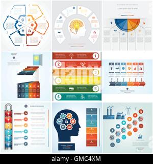 Définir des modèles conceptuels d'infographies 9 processus cyclique pour six postes zone de texte Illustration de Vecteur