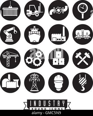 Collection de 16 rond noir solide sur le thème de l'industrie vector icons Illustration de Vecteur