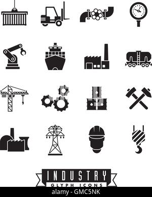 Collection de 16 noir solide sur le thème de l'industrie vector icons Illustration de Vecteur