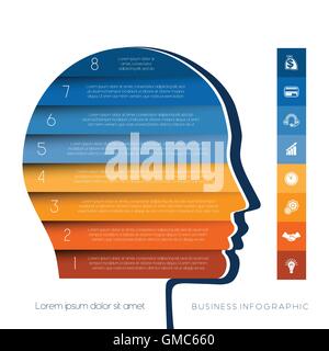 Modèle pour l'infographie, la tête de la personne à partir de bandes de couleur, concept de démarrage d'entreprise, modèle pour 8 postes, des mesures Illustration de Vecteur