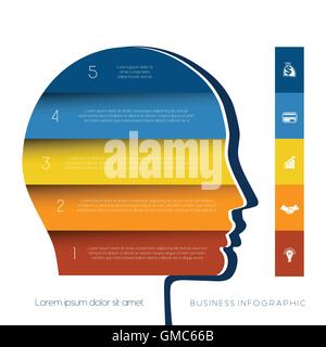 Modèle pour l'infographie, la tête de la personne à partir de bandes de couleur, concept de démarrage d'entreprise, modèle à cinq positions, les étapes Illustration de Vecteur