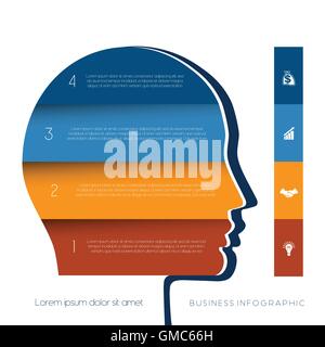 Modèle pour l'infographie, la tête de la personne à partir de bandes de couleur, concept de démarrage d'entreprise, modèle à quatre positions, étapes Illustration de Vecteur