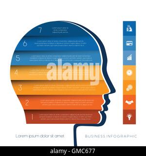 Modèle pour l'infographie, la tête de la personne à partir de bandes de couleur, concept de démarrage d'entreprise, modèle pour 7 fonctions, des mesures Illustration de Vecteur