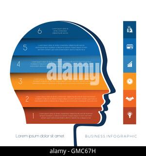 Modèle pour l'infographie, la tête de la personne à partir de bandes de couleur, concept de démarrage d'entreprise, modèle à six positions, étapes Illustration de Vecteur