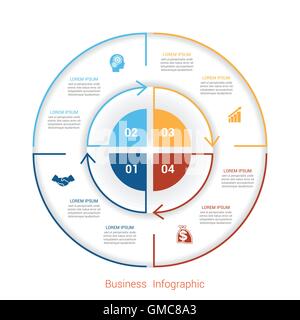 Infographie modèle quatre étapes, position, pièces, avec zone de texte, couleur d'illustration vectorielle, sous la forme de pièces de cercle. Illustration de Vecteur