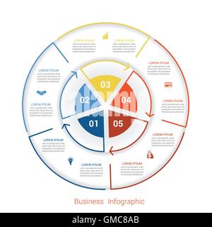 Infographie modèle cinq étapes, position, pièces, avec zone de texte, vector illustration en couleur sous forme de cercle. Illustration de Vecteur