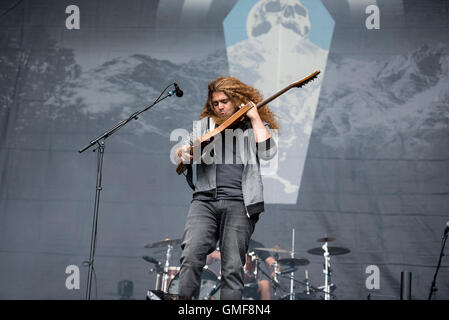 Leeds, UK. 26 août 2016. Claudio Sanchez, Travis Stever, Josh Eppard et Zach Cooper de Coheed and Cambria effectuer sur la scène principale au Festival de Leeds, 2016 26/08/2016 Credit : Gary Mather/Alamy Live News Banque D'Images