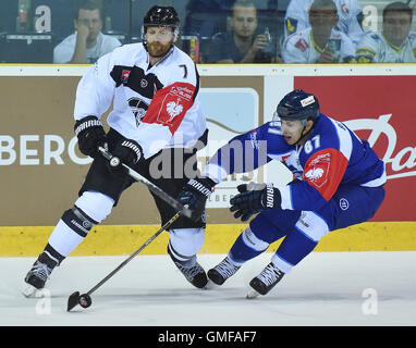 Liberec, République tchèque. Août 26, 2016. Le joueur de hockey Mario Bliznak (droite) de Liberec et Henrik Tallinder de Turku en action pendant le match Bili Tygri Liberec vs TPS Turku en Finlande le groupe H de la Ligue des Champions match à Liberec, République tchèque, le 26 août 2016. © Radek Petrasek/CTK Photo/Alamy Live News Banque D'Images