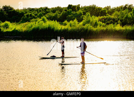 Deux blancs les hommes âgés moyens oar stand up paddleboards le nord vers le bas de la rivière canadienne. Coucher du soleil l'éblouissement, Oklahoma, USA. Banque D'Images