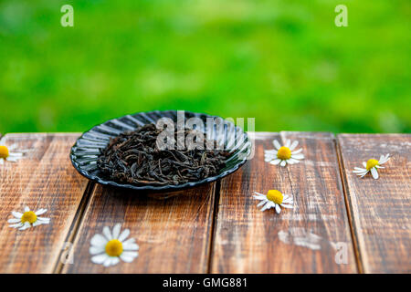 Thé noir à sec sur la plaque sur une table en bois avec des fleurs de camomille dans le jardin et sur la nature de fond.Plateau concept. Feuilles de thé. Clo Banque D'Images