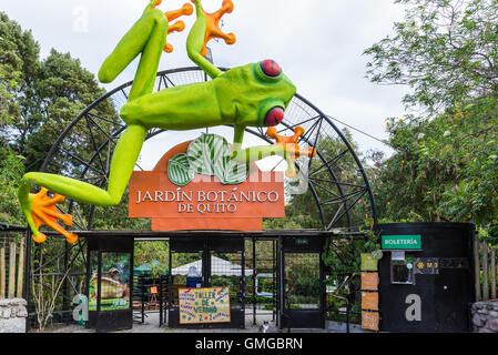 Un modèle grenouille d'arbre sur le dessus de l'entrée au Jardin botanique de Quito, en Équateur. Banque D'Images