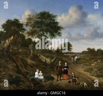 Couple dans un paysage, par Adriaen van de Velde, 1667, la peinture hollandaise, huile sur toile. C'est une peinture commandée d'une famille inconnue dans un paysage forestier, avec une grande attention accordée à leurs vêtements coûteux. Le fils a un chien en laisse, et dans l'arrière-plan sont un chariot et un berger avec des bovins (BSLOC 2016 3 117) Banque D'Images