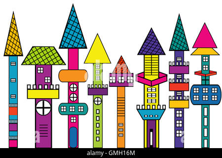 Doodle château, maisons aux couleurs stylisées Banque D'Images