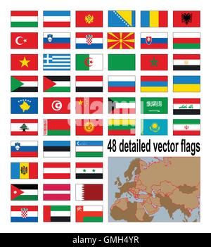 Drapeaux vectoriels détaillées de l'Europe, d'Asie et 48 états d'Afrique. Algérie, Egypte, Grèce, Iran, Iraq, Jordanie, Liban, etc. Illustration de Vecteur