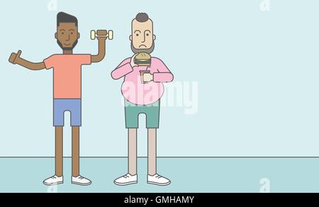 Hommes debout avec haltères et d'hamburger. Illustration de Vecteur