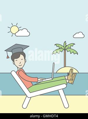 L'homme à graduation cap sur la mer. Illustration de Vecteur