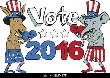 Voter 2016 Boxer âne et l'Éléphant de Mascot Cartoon Illustration de Vecteur