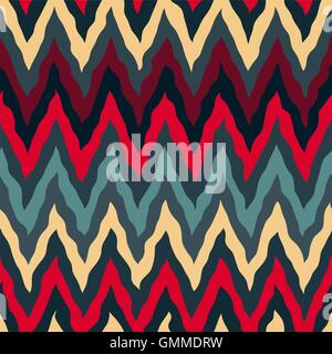 Seamless Vector Tan Rouge Couleurs Bleu Marine Peint Main rugueuse motif de lignes en ZigZag Illustration de Vecteur