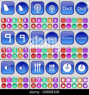 Papillon, une connexion Wi-Fi gratuite, DivX, neuf, Nouveau, Halloween, son, couverts, disque. Un grand ensemble de boutons multicolores. Vector Illustration de Vecteur