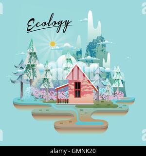 Ecology concept design, belle neige bois avec red house Illustration de Vecteur