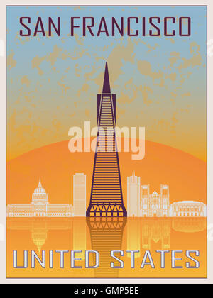 San Francisco 2 affiche en orange et bleu ciel avec fond texturé en blanc Banque D'Images