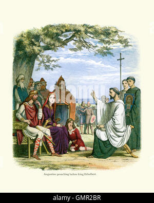 Augustin prêchant devant le roi Ethelbert. Augustin de Canterbury était un moine bénédictin qui devint le premier archevêque de C Banque D'Images