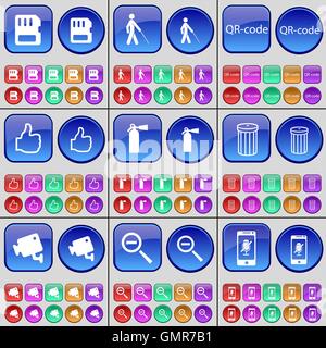 Carte SIM, aveugle, d'un QR code, comme, extincteur, poubelle, CCTV, loupe, Smartphone. Un grand ensemble de multi-couleur b Illustration de Vecteur