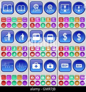 Réserve, Domaine, surveiller, Silhouette, Calendrier, Dollar, Pouls, trousse de premiers soins, acheter. Un grand ensemble de boutons multicolores. Vector Illustration de Vecteur