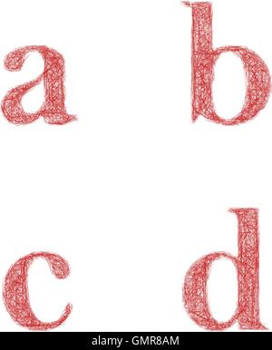 Jeu de polices sketch rouge - les lettres minuscules a, b, c, d Illustration de Vecteur