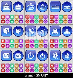 Vendu, panier, Clavier, porte-monnaie, p. 100, navire, non, puissance, Silhouette. Un grand ensemble de boutons multicolores. Vector Illustration de Vecteur