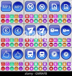 MP3, pas d'animaux, diagramme, Euro, 7, ruban à mesurer, comme, d'un camion, d'un parking gratuit. Un grand ensemble de boutons multicolores. Vector Illustration de Vecteur