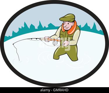 Fly Fisherman Casting canne à mouche Cartoon ovale Illustration de Vecteur