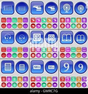 Égaliseur, hélicoptère, une connexion Wi-Fi gratuite, d'écouteurs, lits, table, livre, Calculatrice, vendre, neuf. Un grand ensemble de boutons multicolores. Vector Illustration de Vecteur
